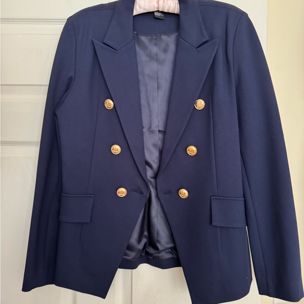 Navy Knit Blazer with Gold Buttons